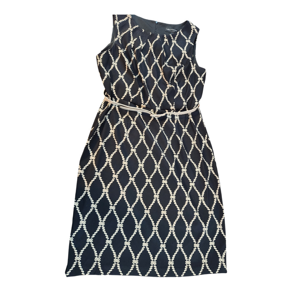 Connected Apparel midi dress sz 12  black cream belt‎ sleeveless sheath